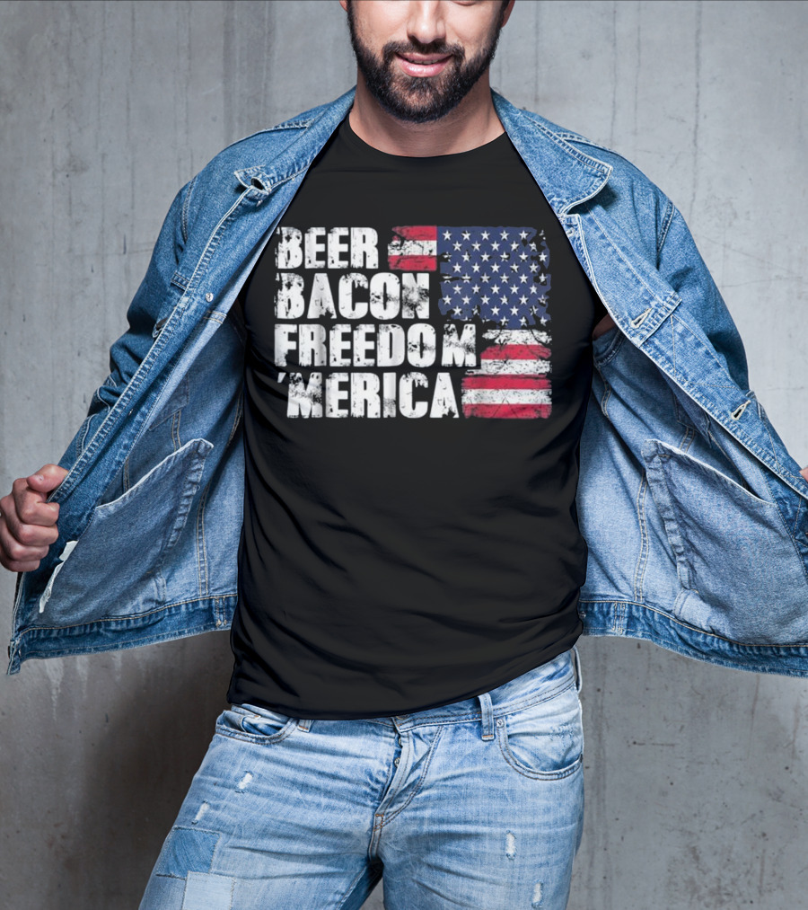 Beer Bacon Freedom Merica American Flag Patriotic T-Shirt