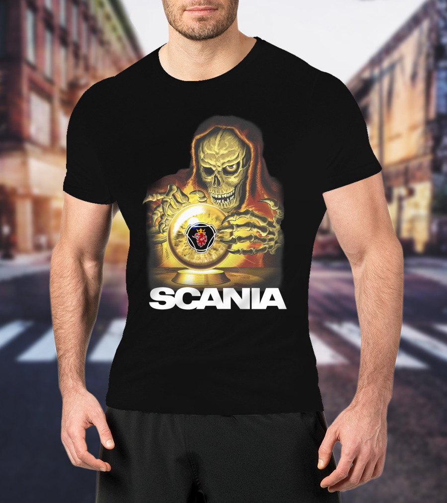 SCANIA Skeleton Hooded Figure With Crystal Ball And Red Lion Emblem T-Shirt