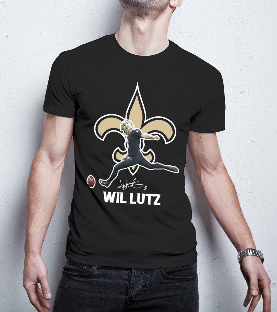Wil Lutz New Orleans Saints Kicking Action Fleur-de-Lis T-Shirt