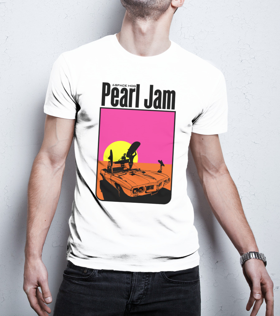 Pearl Jam & Space Hog Surfing Graphic Car Sunset T-Shirt