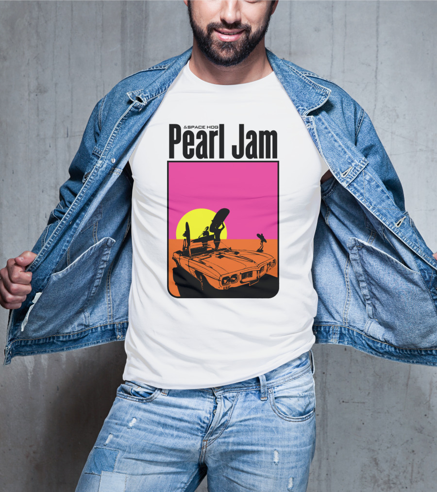 Pearl Jam & Space Hog Surfing Graphic Car Sunset T-Shirt