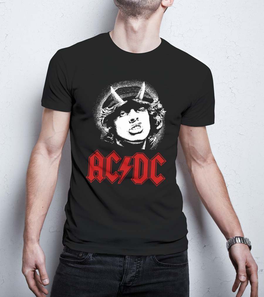 Acdc Rock Band Portrait With Red Logo And Horns T-Shirt