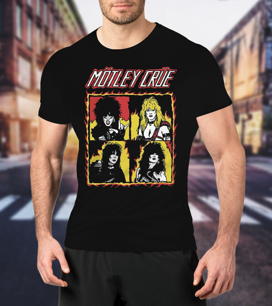 Mötley Crüe Cartoon Band Members Fire Border T-Shirt