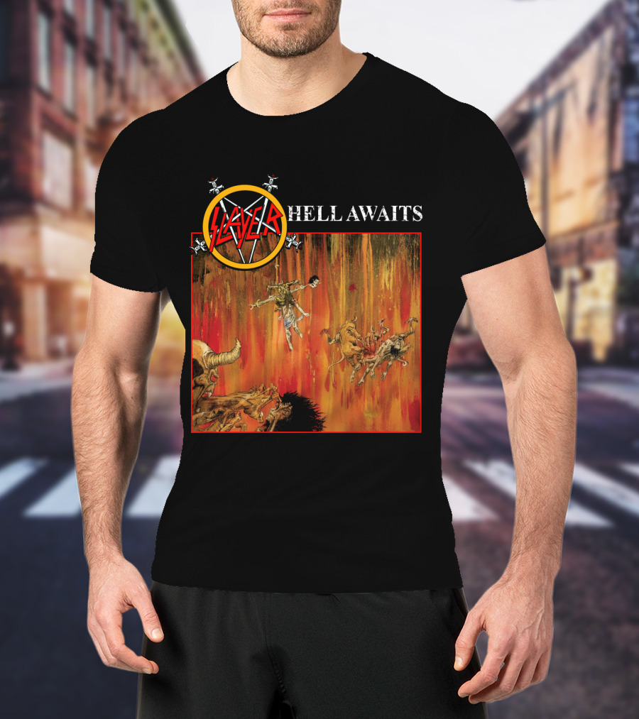 Slayer Hell Awaits Logo With Demonic Falling Figures And Fiery Scene T-Shirt