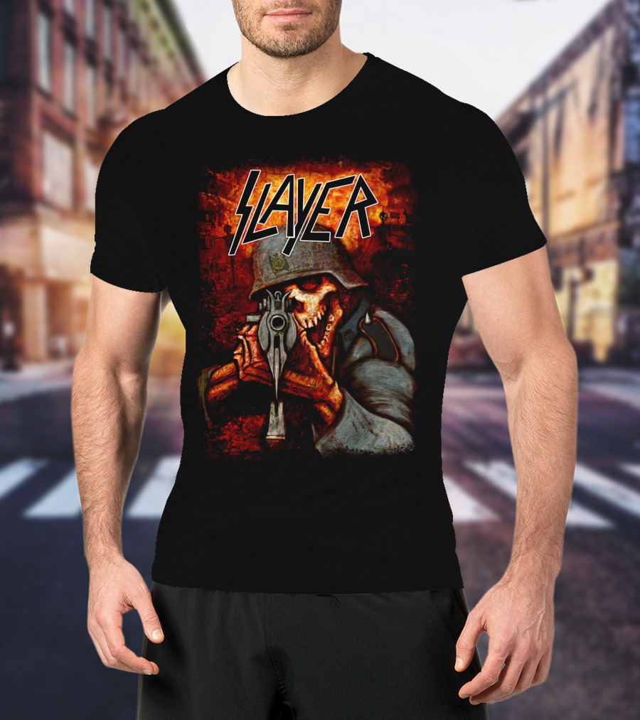 Slayer Hellish Soldier Skeleton Aiming Gun Blaze T-Shirt