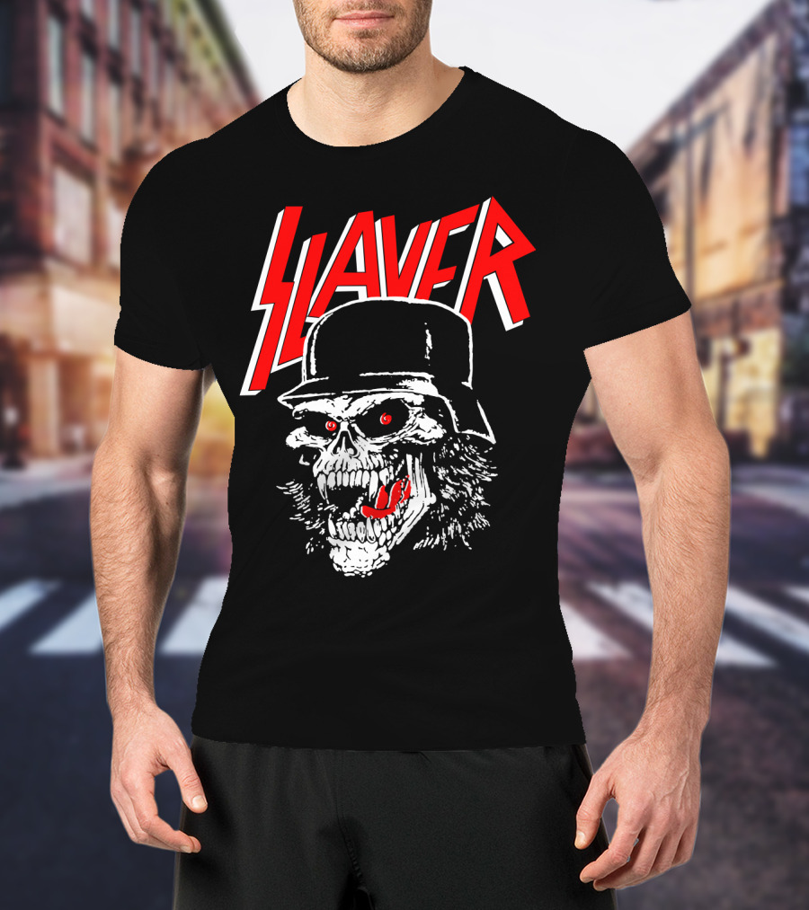 Slayer Skull With Helmet And Red Eyes T-Shirt