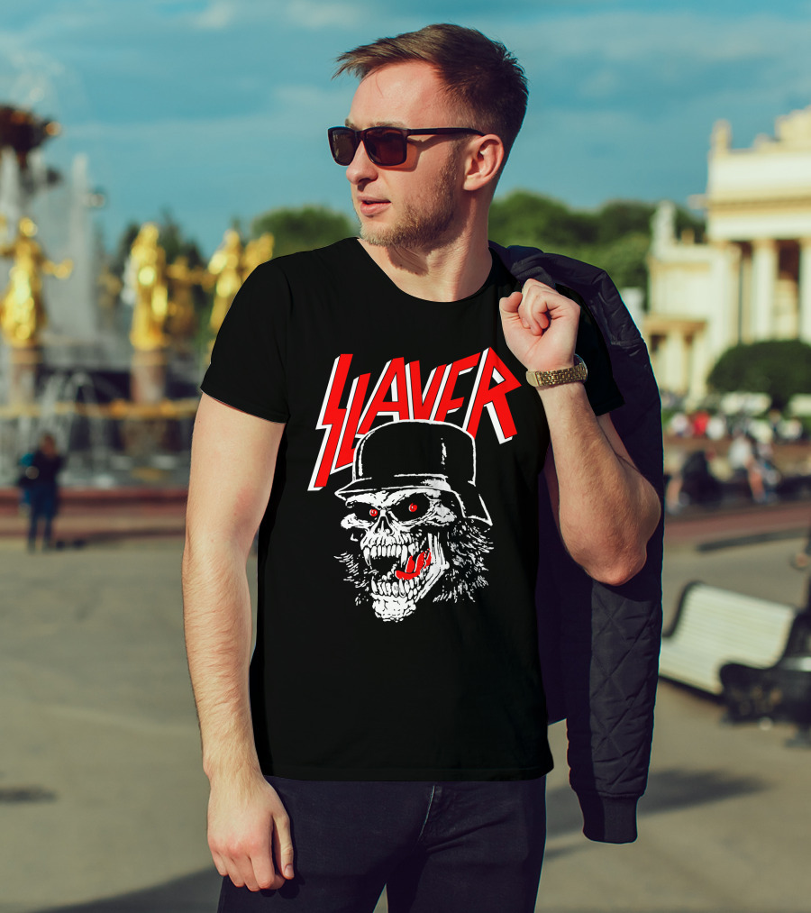 Slayer Skull With Helmet And Red Eyes T-Shirt