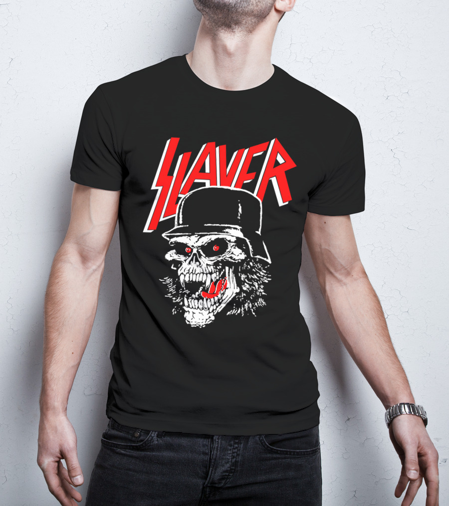 Slayer Skull With Helmet And Red Eyes T-Shirt