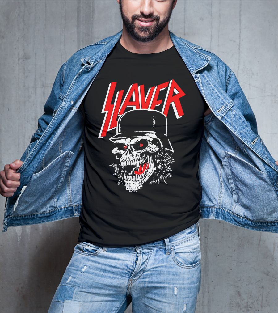 Slayer Skull With Helmet And Red Eyes T-Shirt