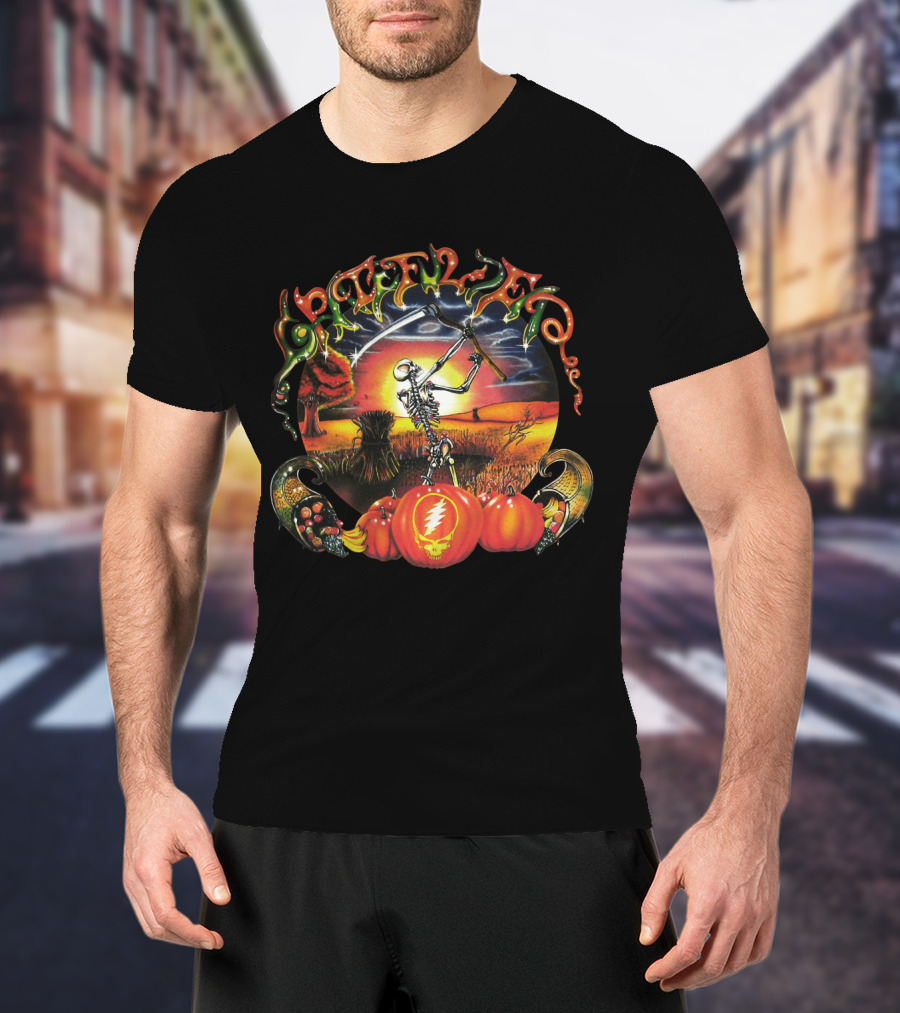 Grateful Dead Skeleton Scythe Harvest Lightning Bolt Pumpkins T-Shirt