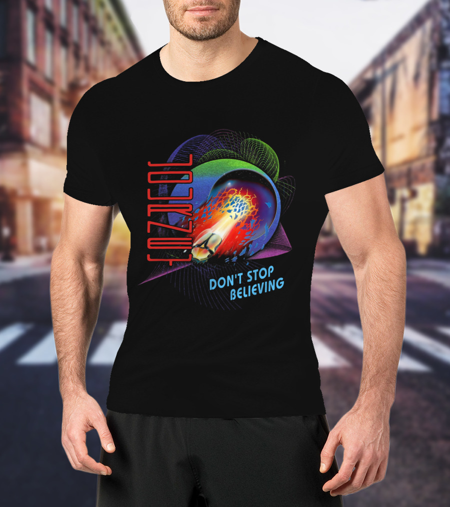 Journey Don't Stop Believing Text With Fiery Planet And Geometric T-Shirt
