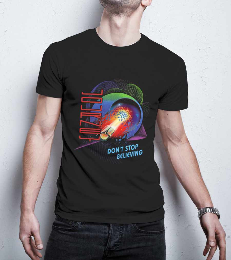 Journey Don't Stop Believing Text With Fiery Planet And Geometric T-Shirt