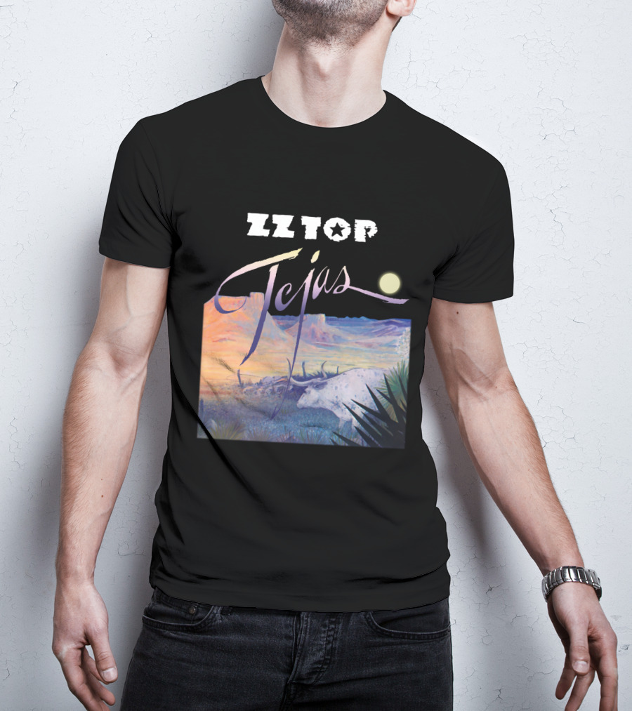 Zz Top Tejas Desert Scene With White Longhorn Under Moon T-Shirt