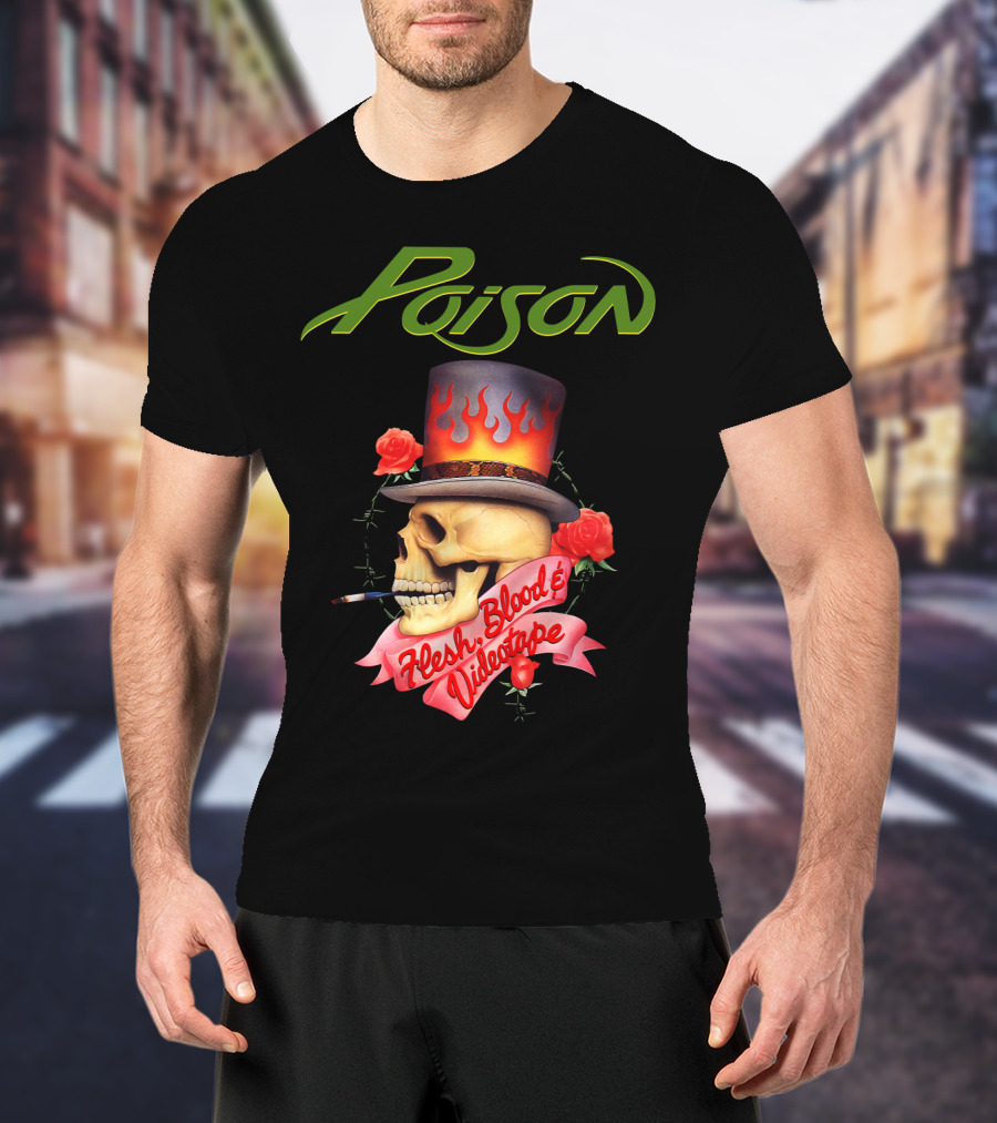 Poison Flesh Blood & Videotape Skull With Roses And Cigarette T-Shirt