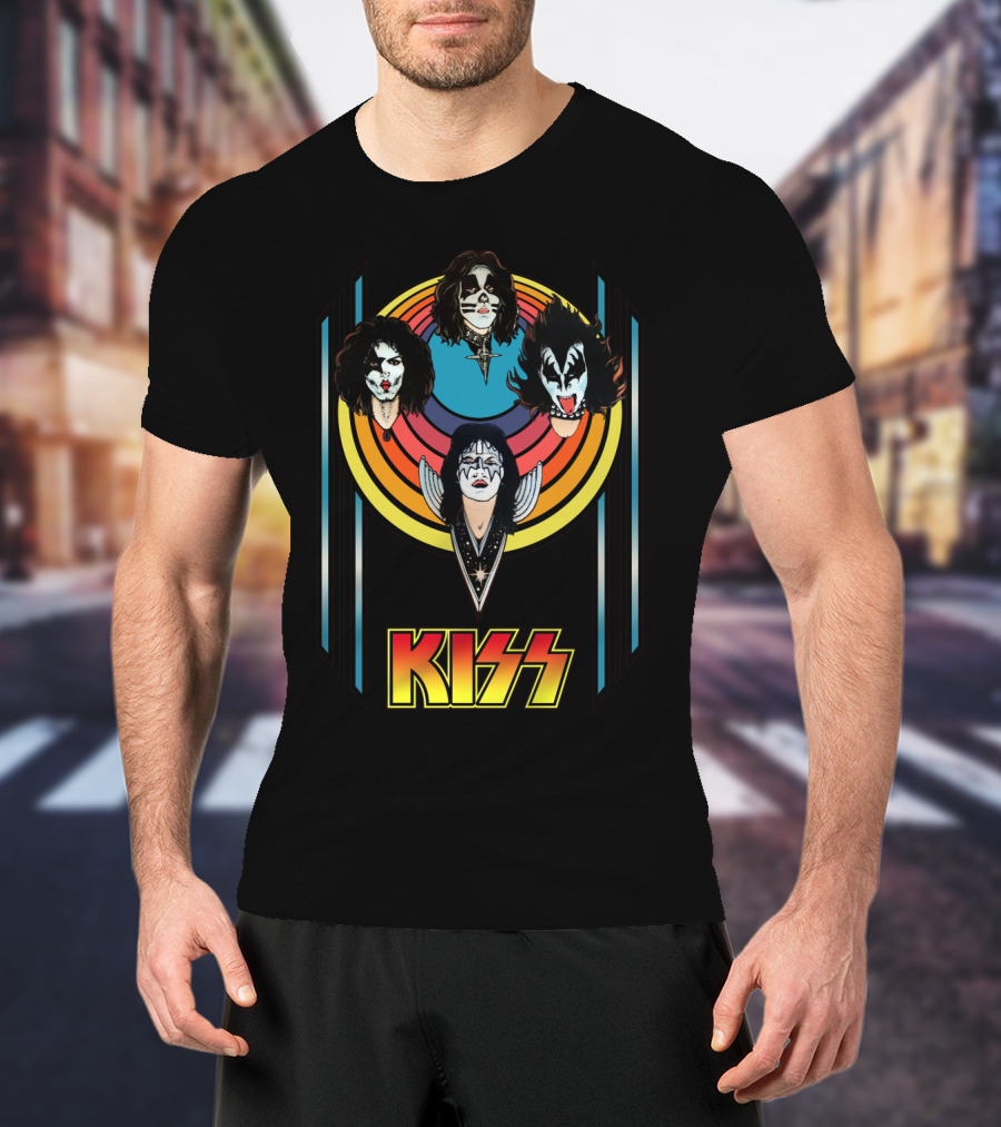Kiss Band Iconic Faces With Colorful Stripes Retro Style T-Shirt
