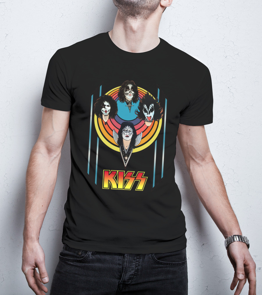 Kiss Band Iconic Faces With Colorful Stripes Retro Style T-Shirt