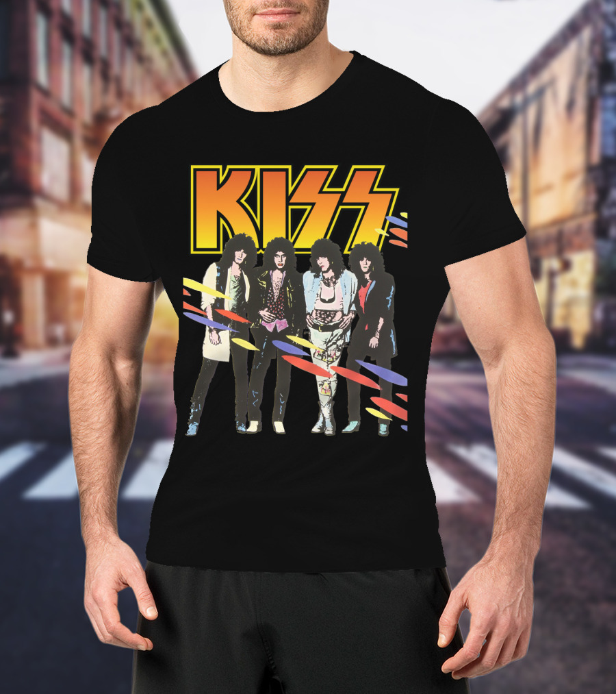Kiss Band Retro Look With Colorful Stripes T-Shirt