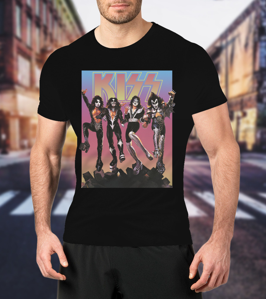 Kiss Band Characters With Bold Logo And Colorful T-Shirt