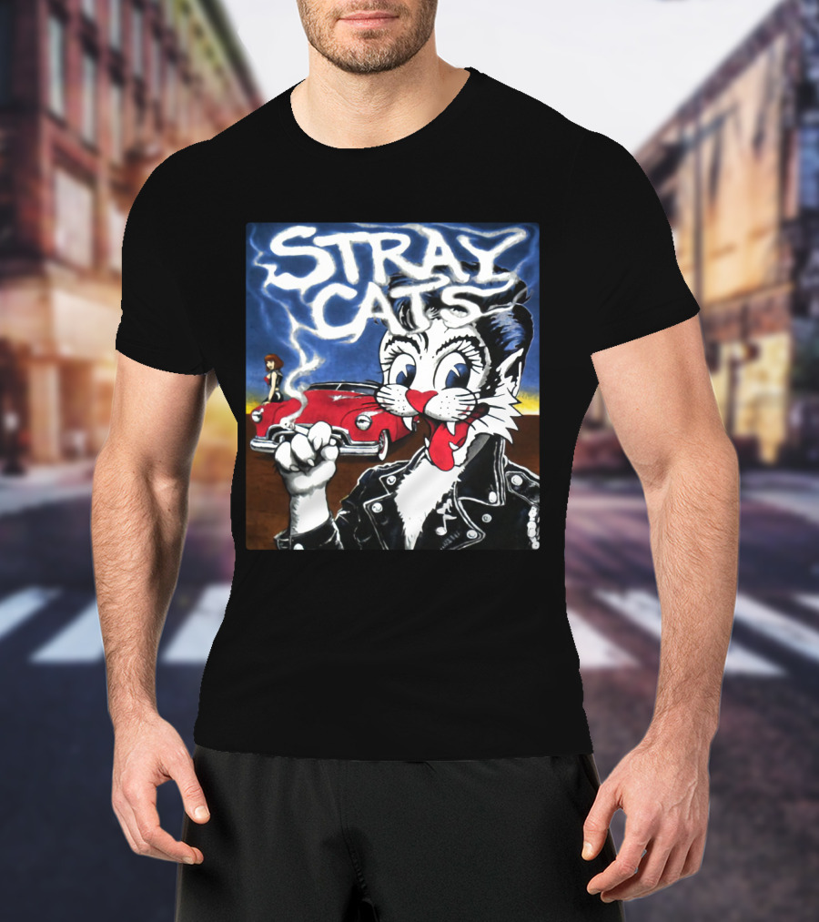 Stray Cats Rockabilly Band Retro Art With Cat Smoking In Leather Jacket T-Shirt