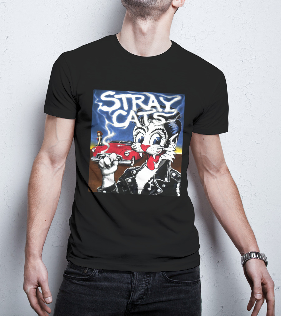 Stray Cats Rockabilly Band Retro Art With Cat Smoking In Leather Jacket T-Shirt