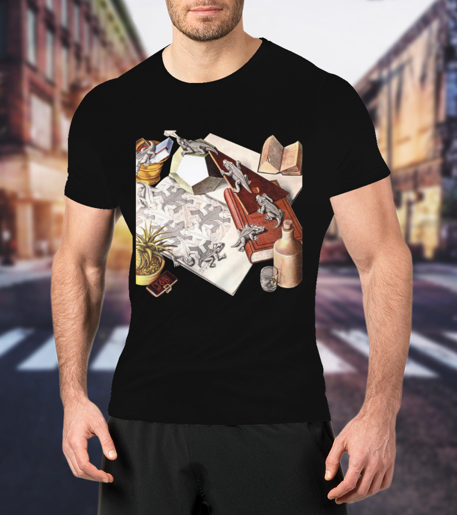 M.c. Escher 1988 Reptiles Optical Illusion Morphing Creatures Book And Geometric Patterns T-Shirt