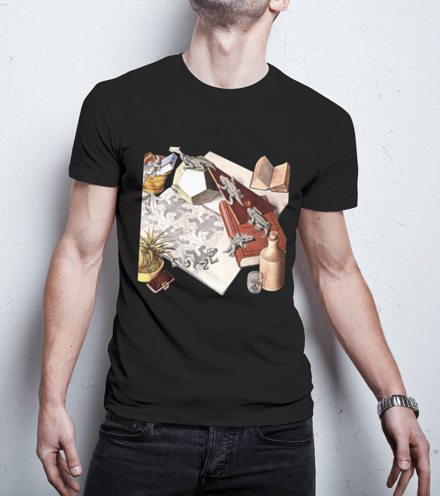 M.c. Escher 1988 Reptiles Optical Illusion Morphing Creatures Book And Geometric Patterns T-Shirt