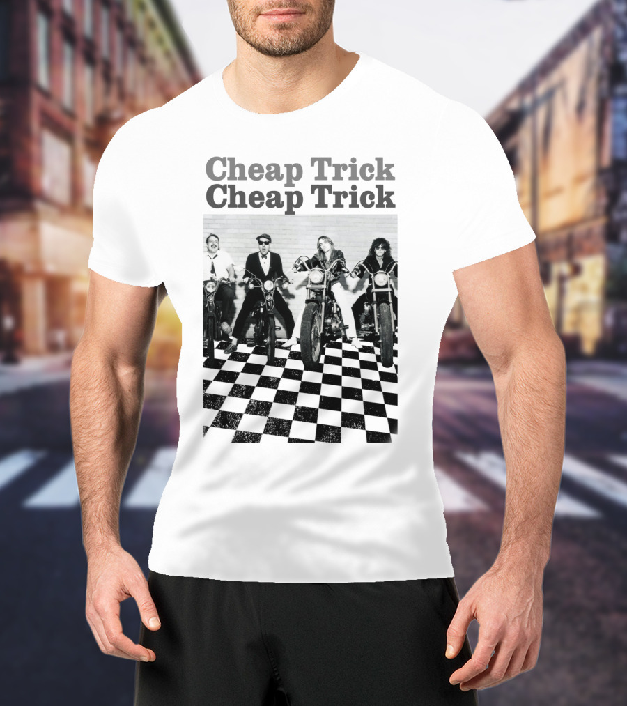 Cheap Trick Band Vintage Motorcycle Checkerboard T-Shirt
