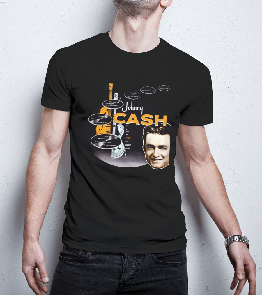 Johnny Cash Man In Black Hot And Blue Guitar Songs T-Shirt