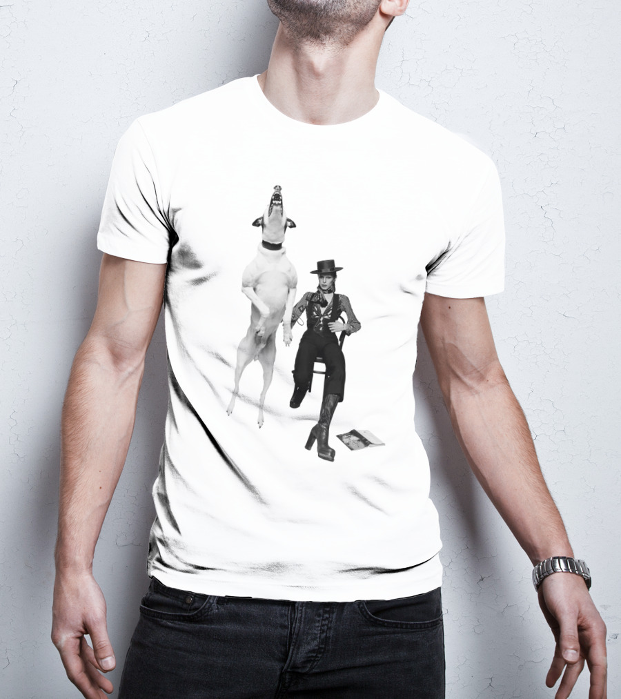 High Jumping Dog And Stylish Figure In Western Attire T-Shirt