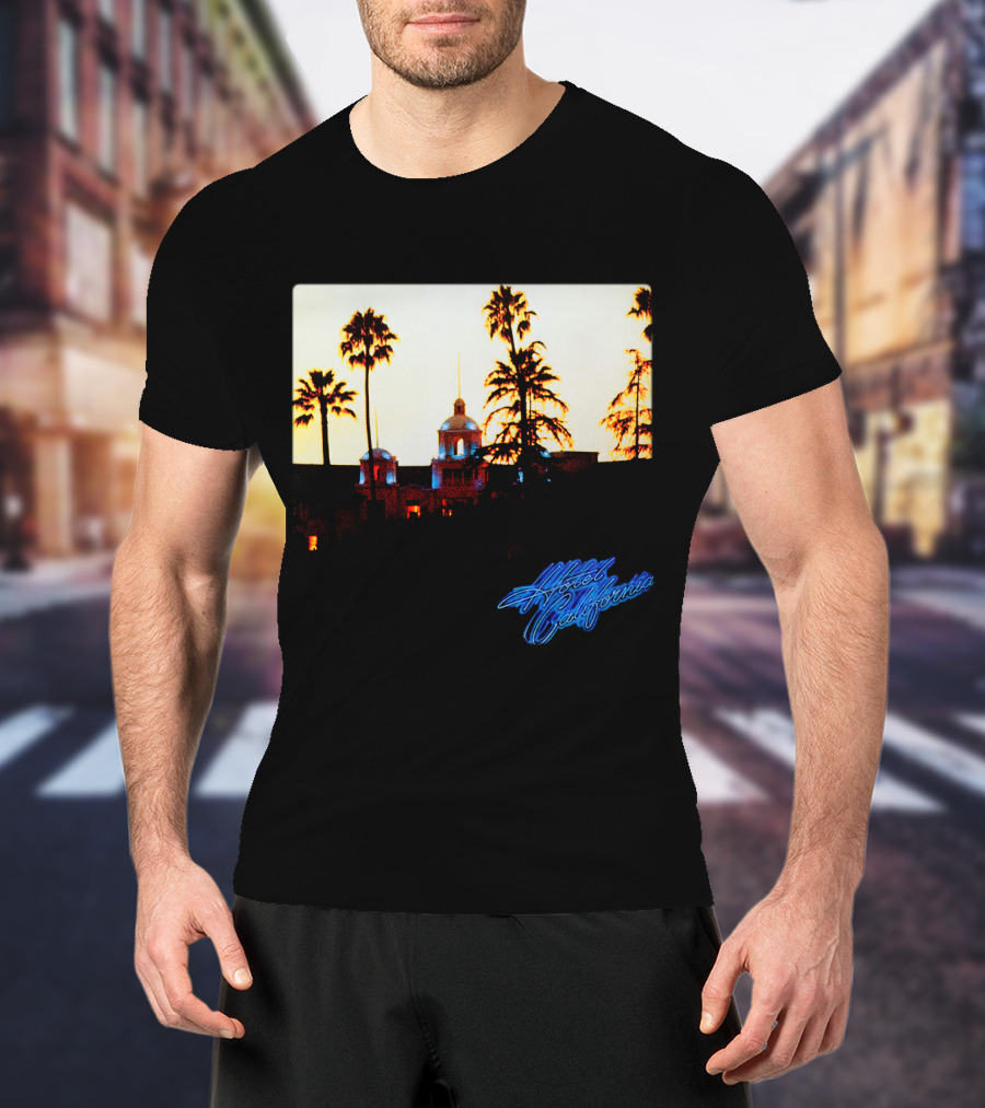 Hotel California Night Scene With Palm Trees And Neon Style T-Shirt