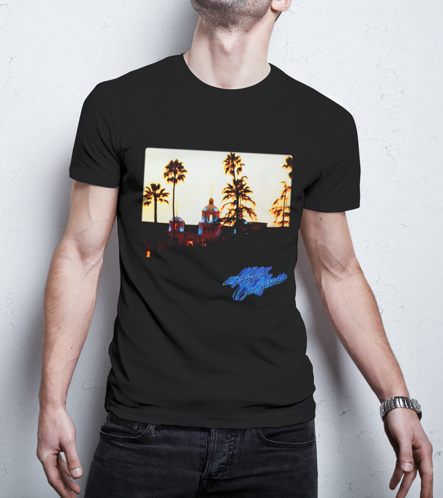 Hotel California Night Scene With Palm Trees And Neon Style T-Shirt