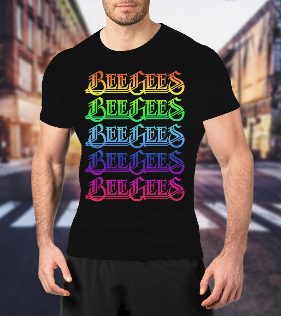 Bee Gees Rainbow Text Multi-Color Typography T-Shirt
