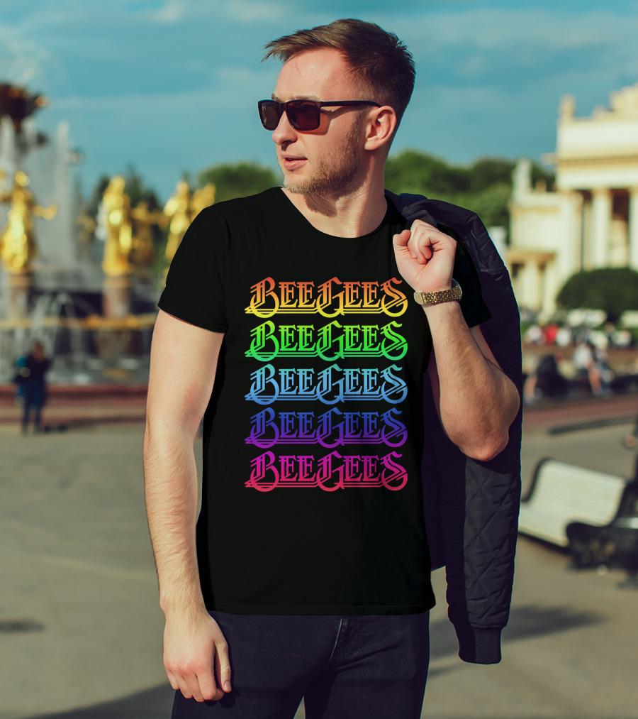 Bee Gees Rainbow Text Multi-Color Typography T-Shirt