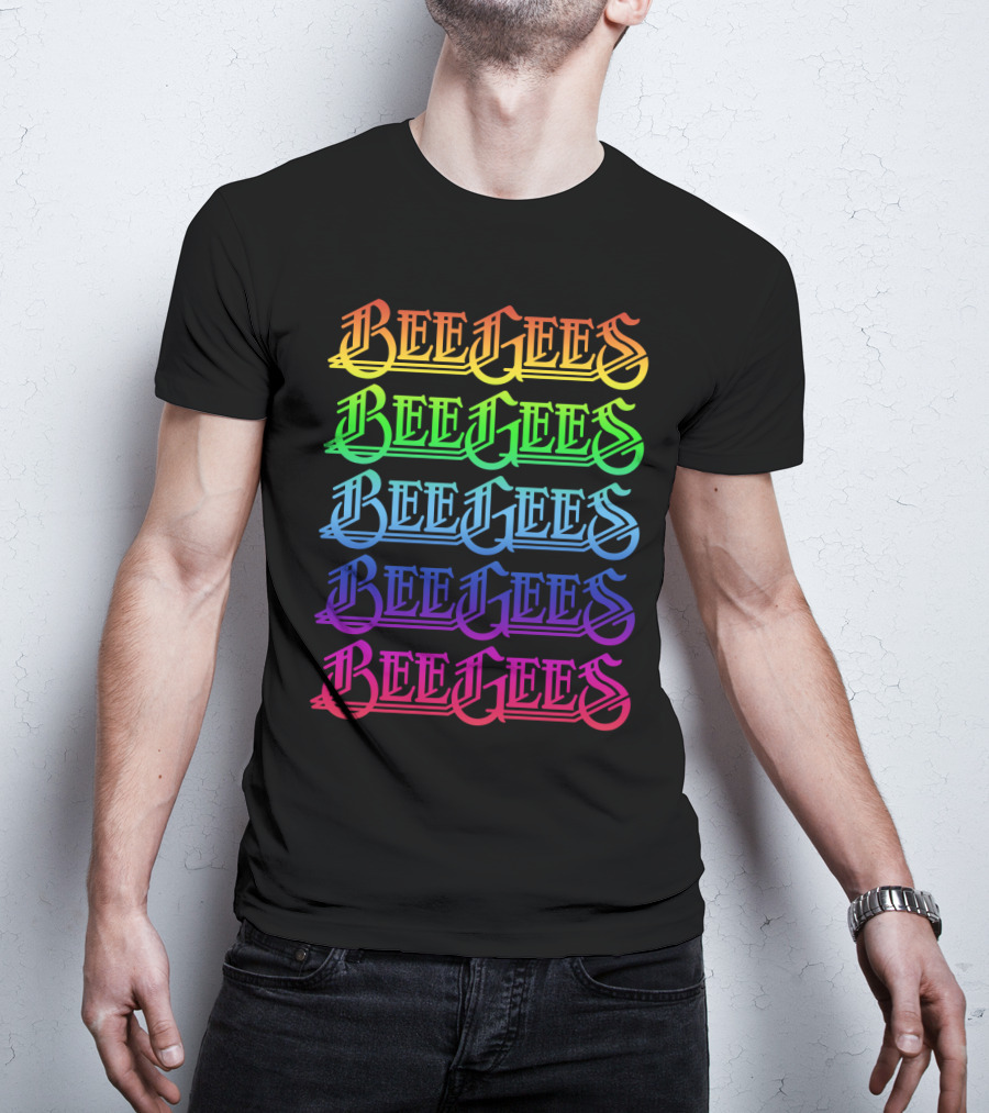 Bee Gees Rainbow Text Multi-Color Typography T-Shirt