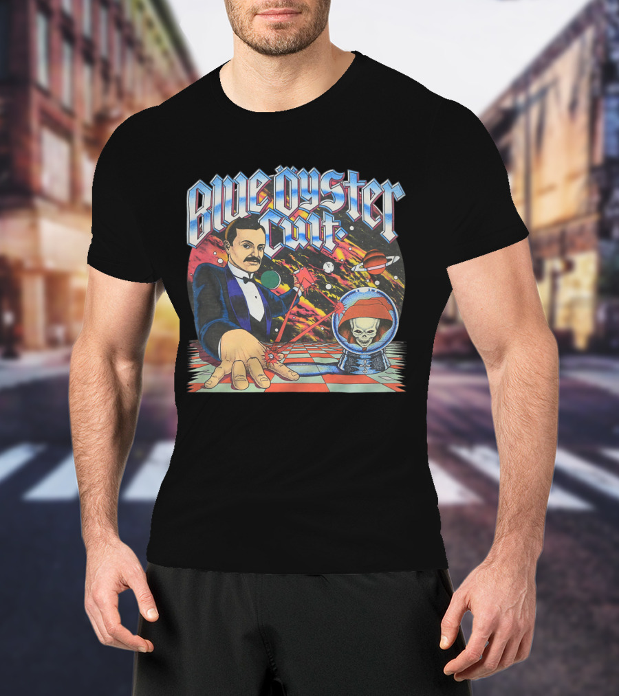 Blue Öyster Cult Science Fiction Cosmic Man And Alien Skull Planets T-Shirt