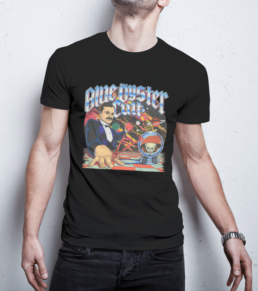 Blue Öyster Cult Science Fiction Cosmic Man And Alien Skull Planets T-Shirt