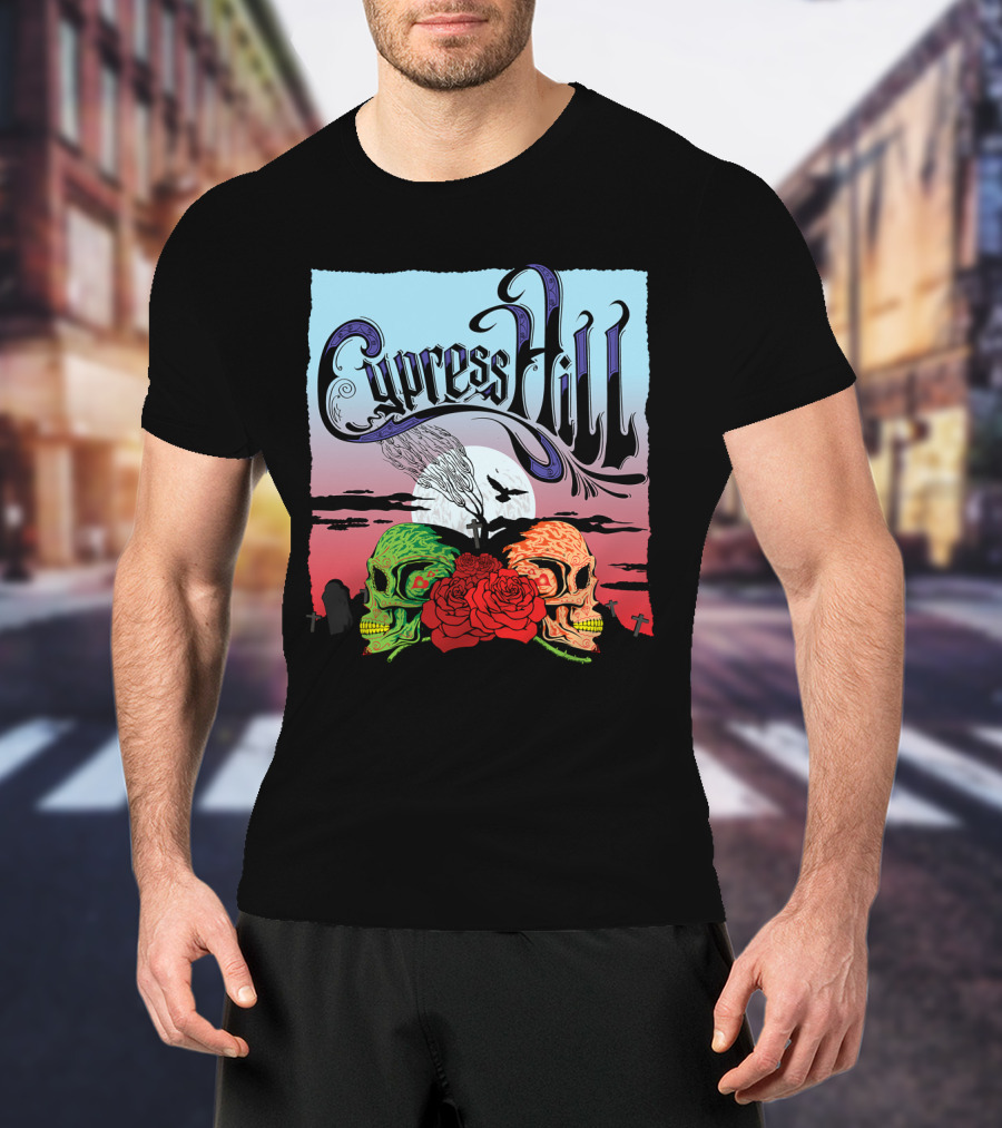 Cypress Hill Two Skulls And Roses With Moon And Raven T-Shirt