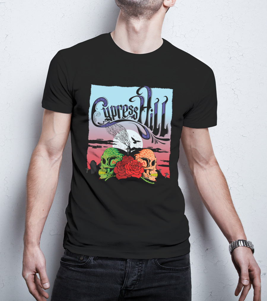 Cypress Hill Two Skulls And Roses With Moon And Raven T-Shirt