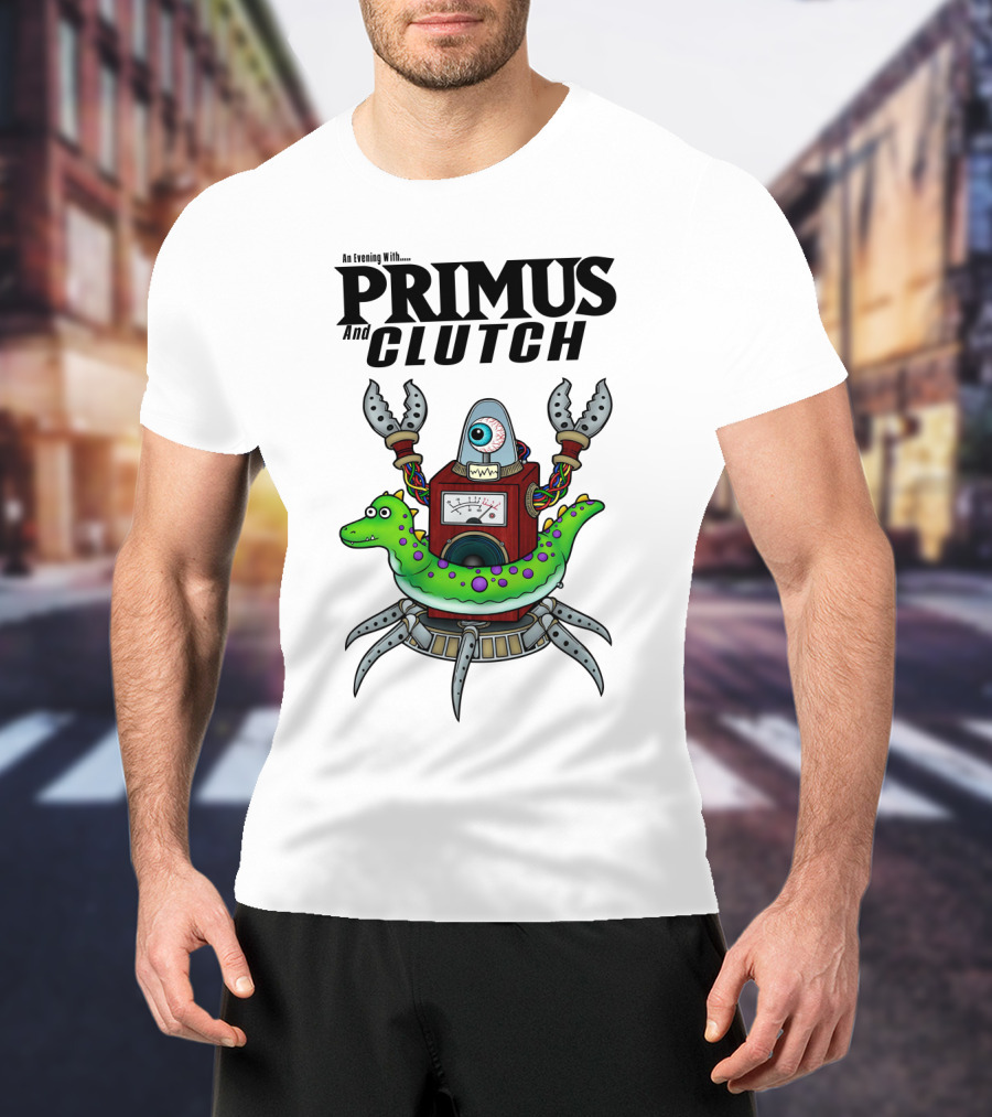 An Evening With Primus And Clutch Robot Monster With Alligator Alien Creature T-Shirt