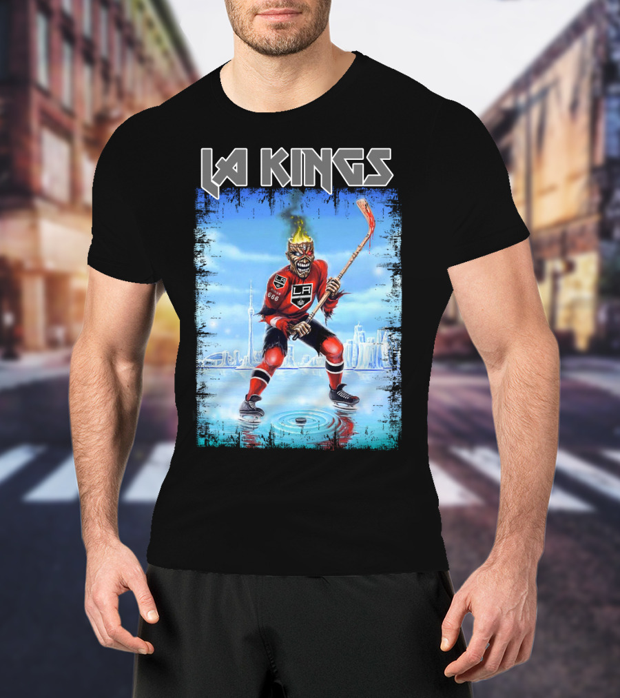 La Kings Fiery Hockey Player With Skyscraper T-Shirt