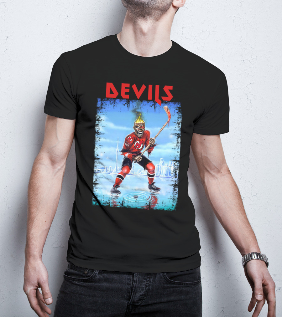 New Jersey Devils Hockey Fiery Demon Skater 666 City Skyline T-Shirt