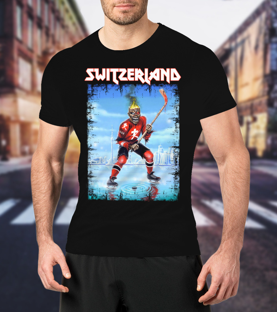 Switzerland Ice Hockey Skeleton With Flaming Head And Hockey Stick 666 Red Uniform Urban Ice Rink T-Shirt