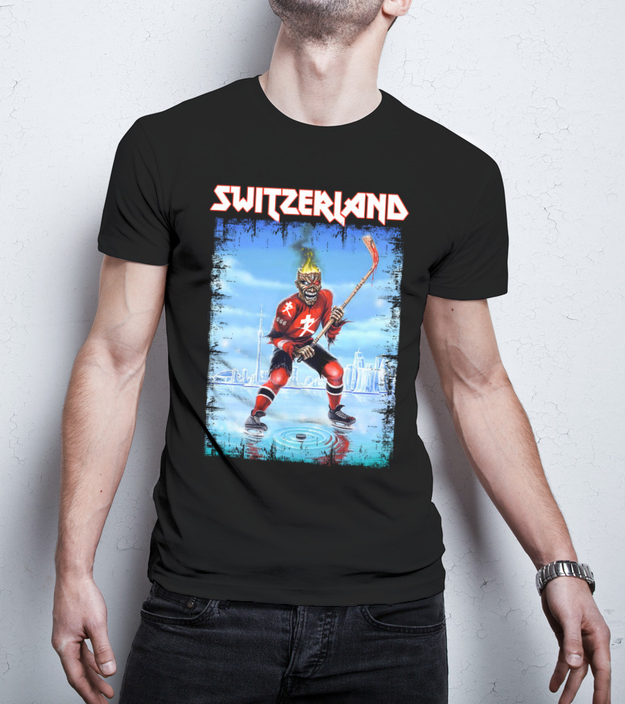 Switzerland Ice Hockey Skeleton With Flaming Head And Hockey Stick 666 Red Uniform Urban Ice Rink T-Shirt