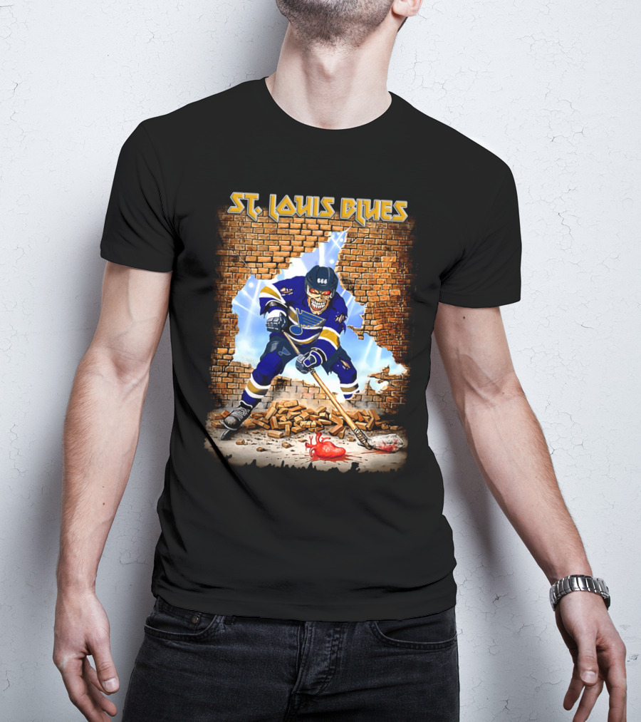 St. Louis Blues Hockey Skeleton Breaking Brick Wall T-Shirt