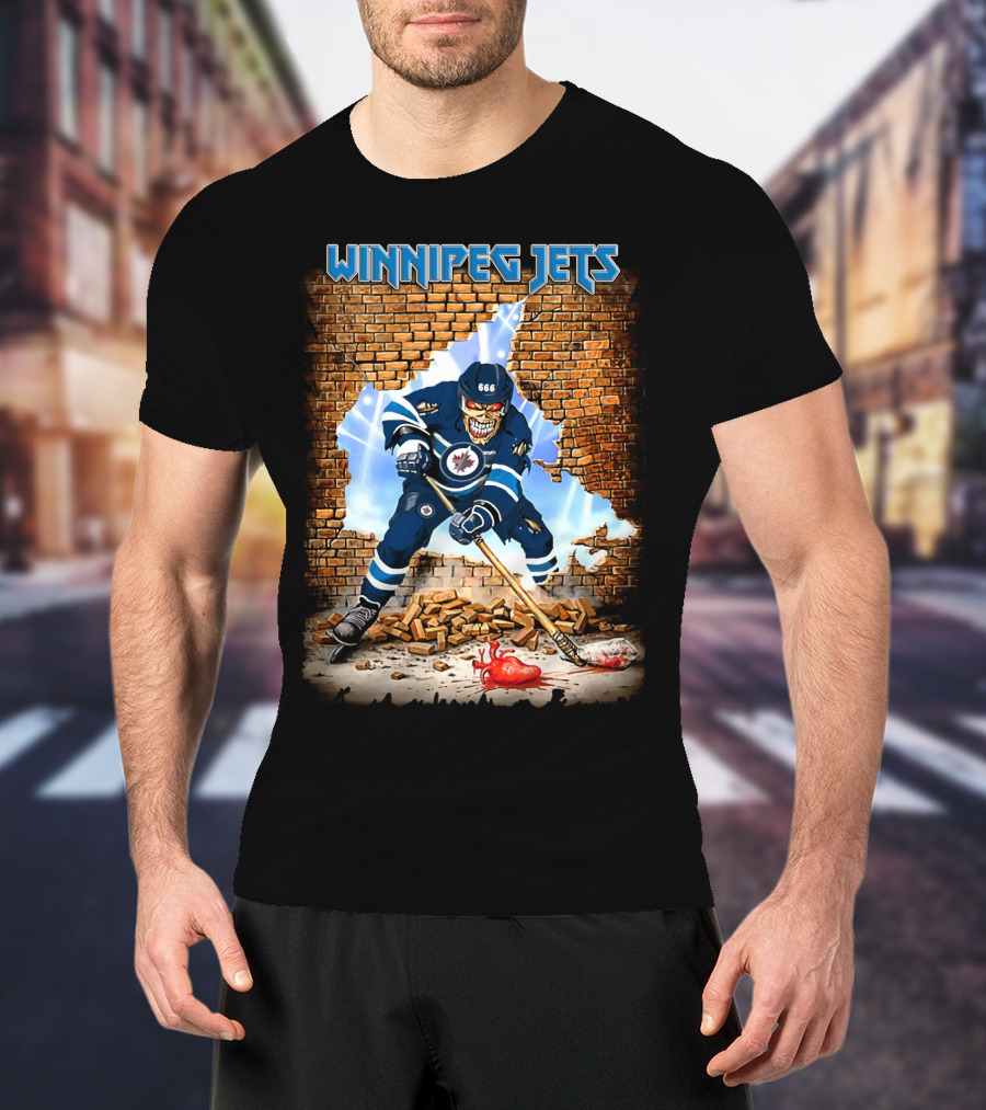 Winnipeg Jets Hockey Demonic Player Breaking Through Wall T-Shirt