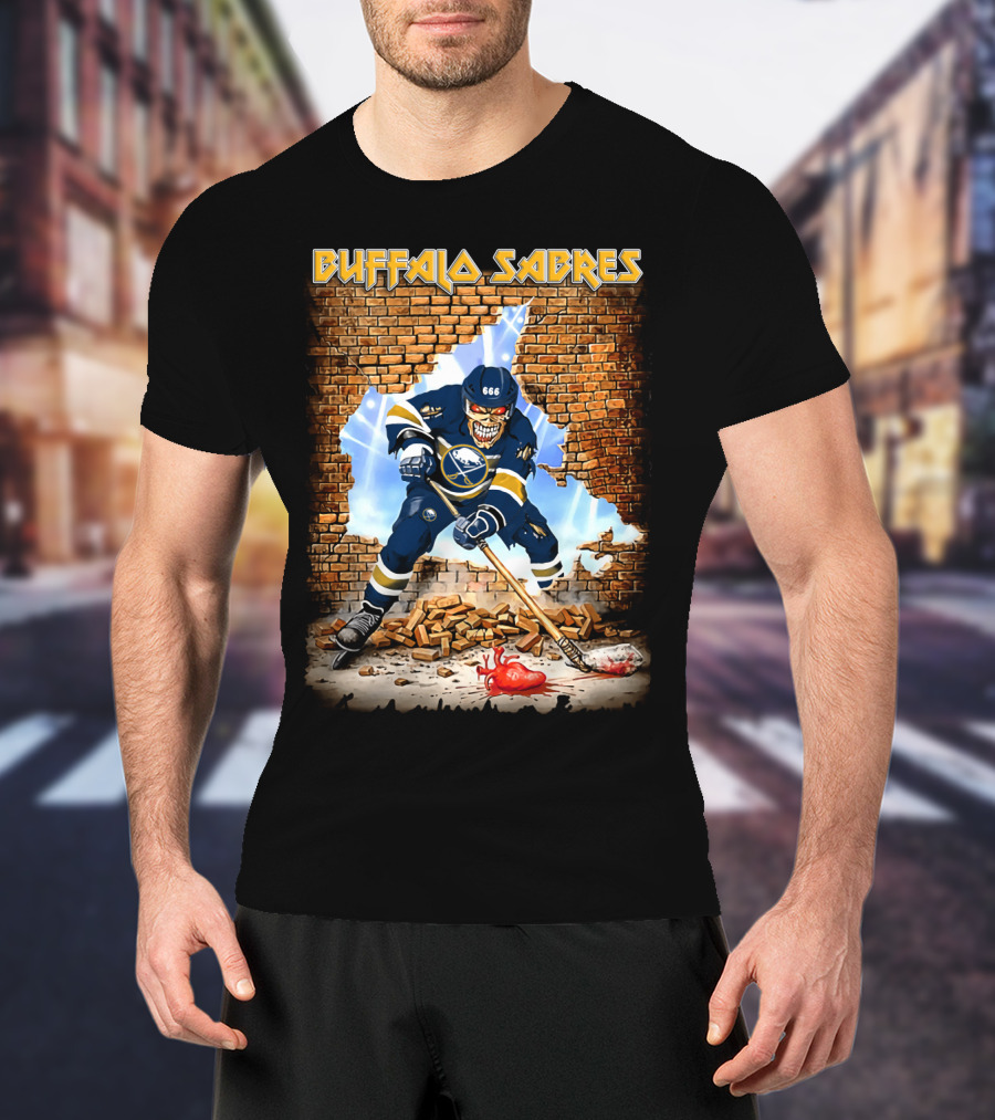 Buffalo Sabres Hockey Skeleton Breaking Wall With Puck And Heart T-Shirt