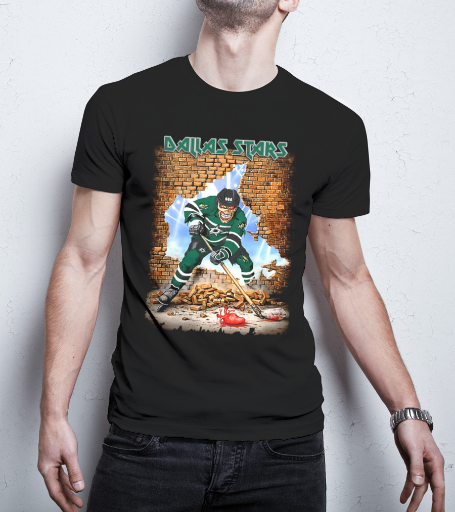 Dallas Stars Hockey Player Breaking Through Brick Wall With Skull Face And Hockey Stick T-Shirt