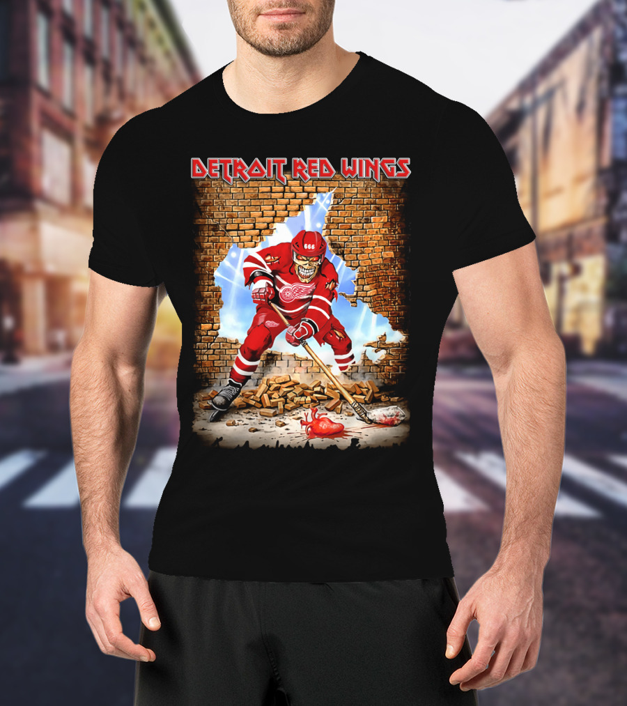 Detroit Red Wings Hockey Skeleton Brick Wall Breakthrough T-Shirt