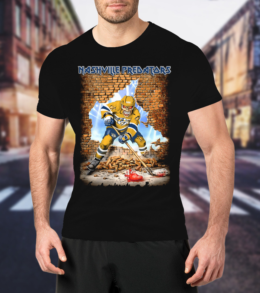 Nashville Predators Hockey Player Smashing Through Brick Wall With Heart And Lightning T-Shirt