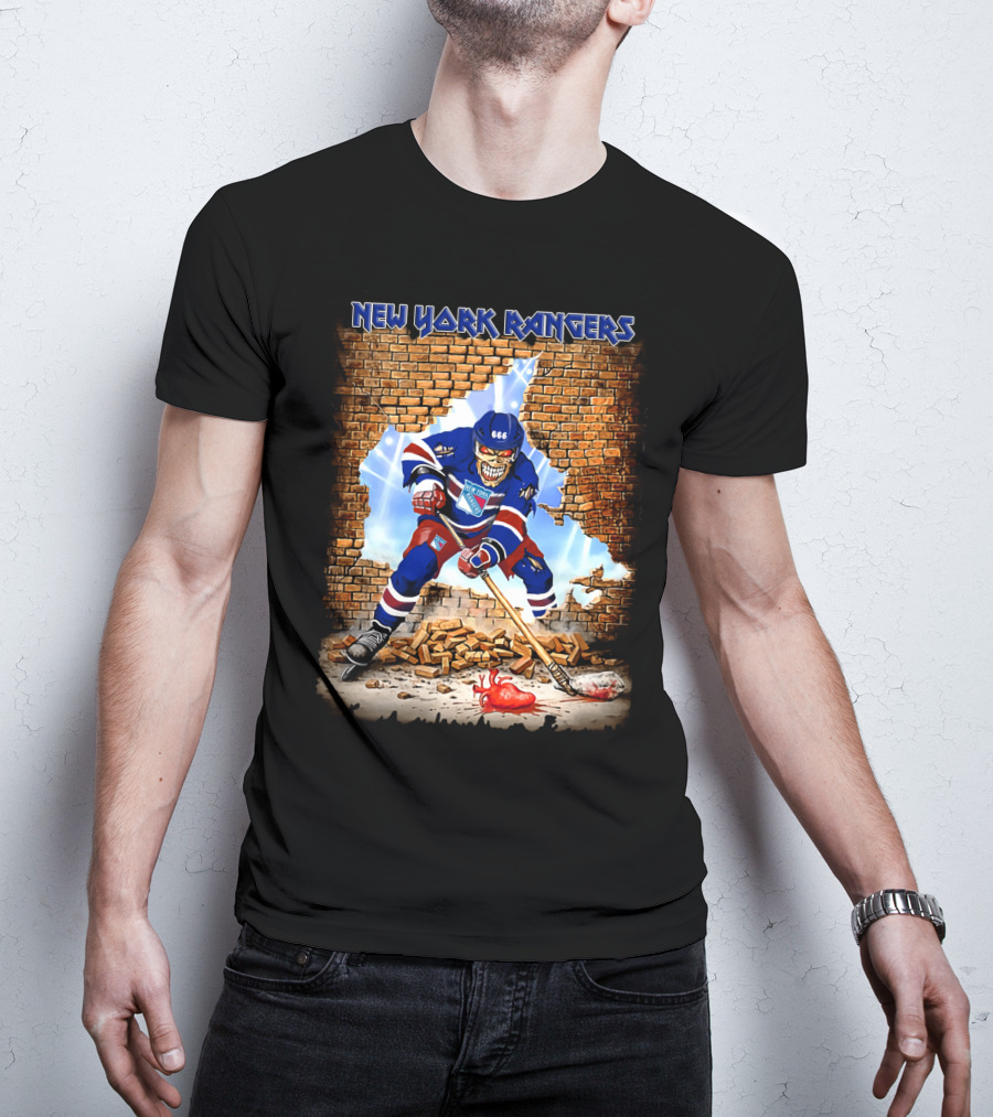 New York Rangers Hockey Skeleton Breaking Through Wall T-Shirt